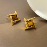 Geometric Tiger Eye Stone Earrings Personalized Retro Internet Celebrity Earrings Plated with Real Gold Earrings