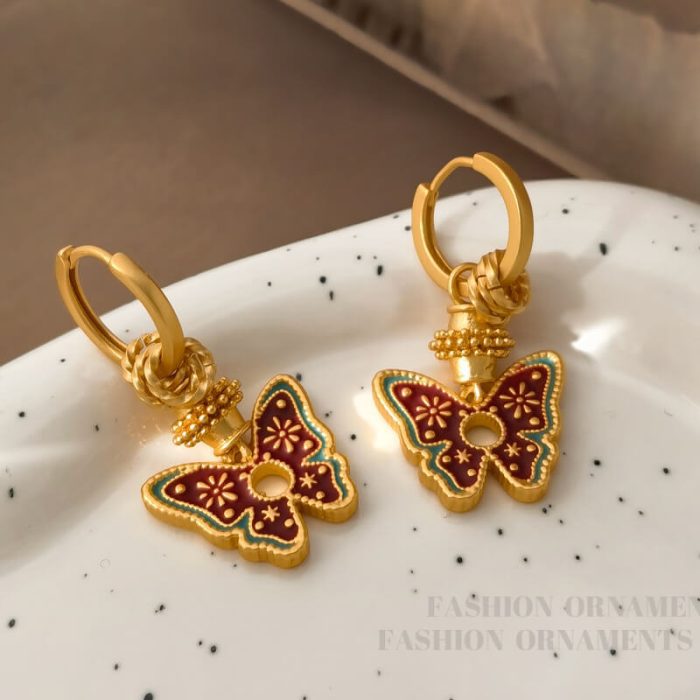 Original retro painted contrasting color design butterfly earrings personalized Chinese style multi-wear design earrings