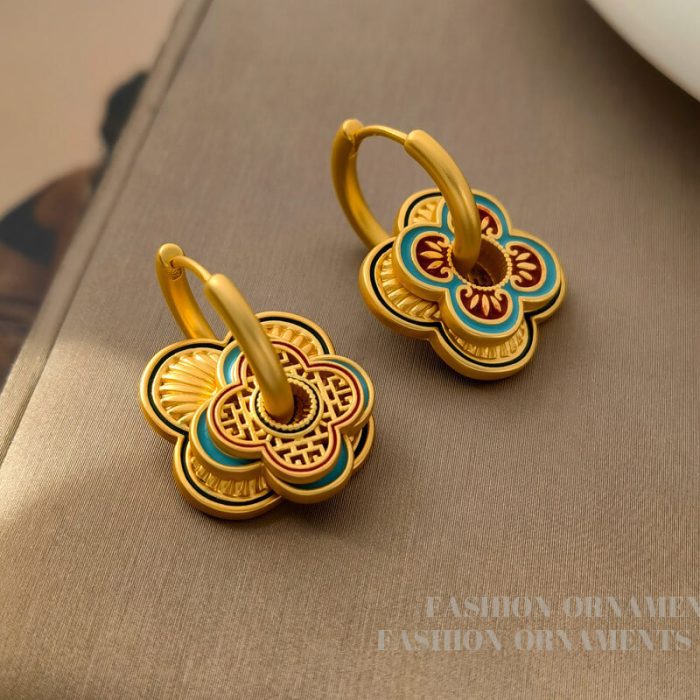 Original Chinese style painted design geometric earrings niche retro multi-wear earrings